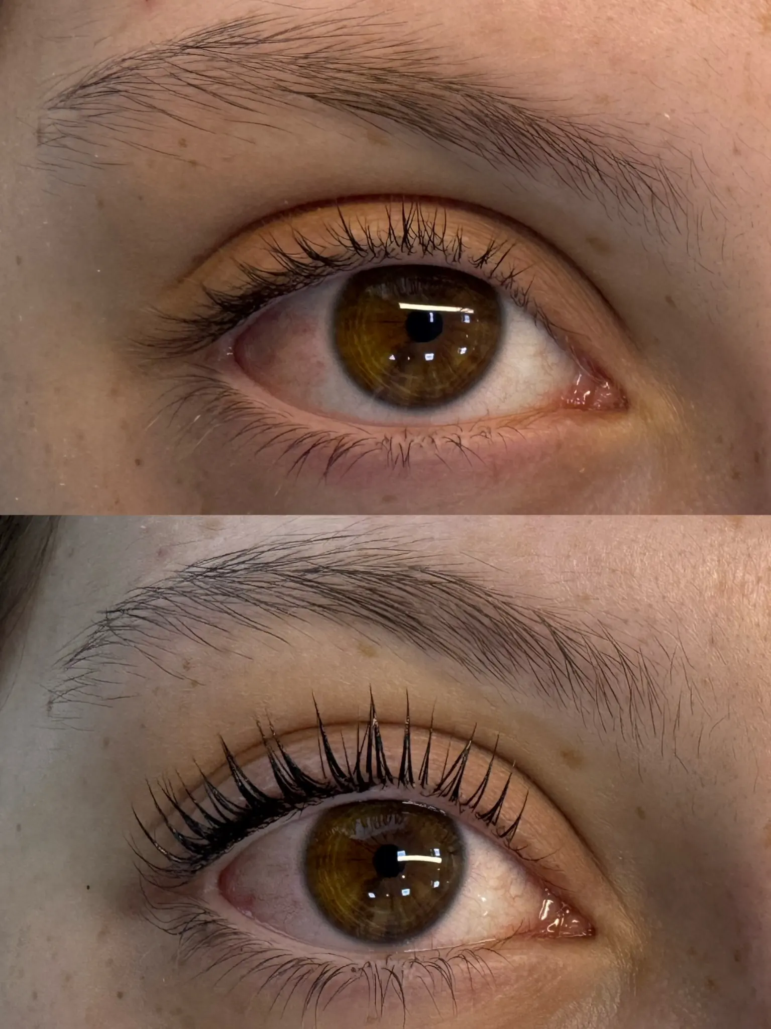 Antes e depois de Lash Lifting: em cima, cílios retos e sem curvatura; embaixo, cílios curvados, alinhados e realçados
