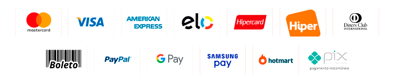 Formas de pagamento aceitas: Mastercard, Visa, American Express, Elo, Hipercard, Hiper, Diners Club, boleto, PayPal, Google Pay, Samsung Pay, Hotmart e Pix