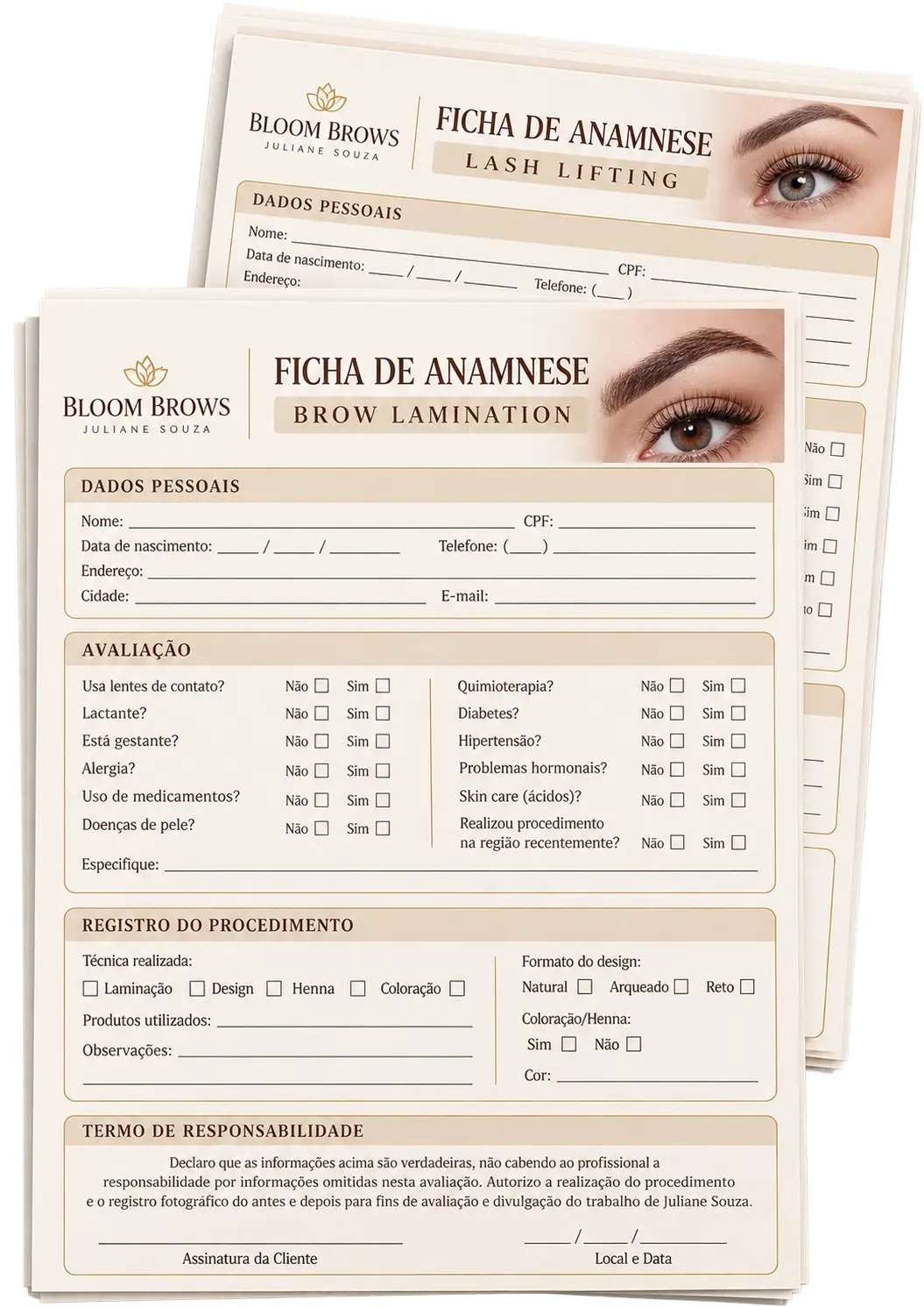 Capa da ficha de anamnese Bloom Brows para Brow Lamination e Lash Lifting