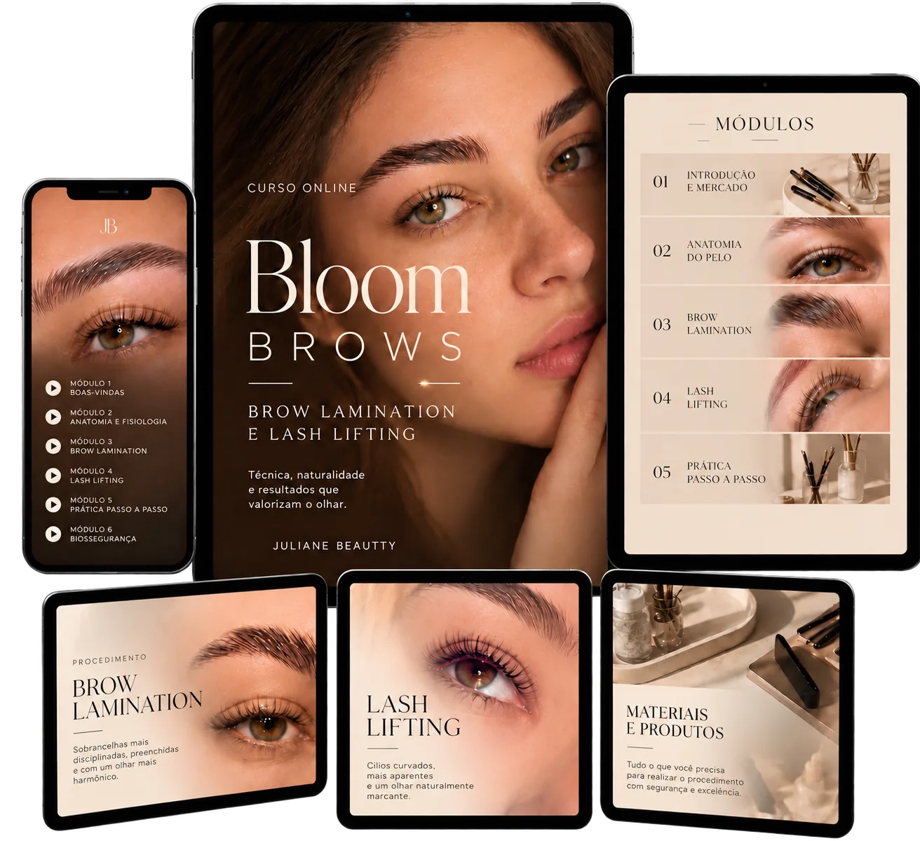 Mockup do curso online de Brow Lamination e Lash Lifting de Juliane Beautty em tablet e celular, com a capa do curso e a lista de módulos