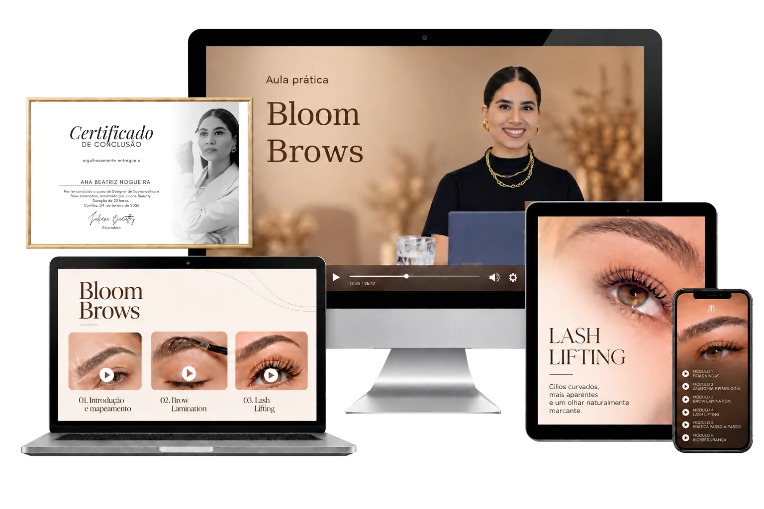 Mockup do treinamento Bloom Brows: aula prática no computador, módulos no notebook, bônus de Lash Lifting no tablet, aulas no celular e o certificado de conclusão